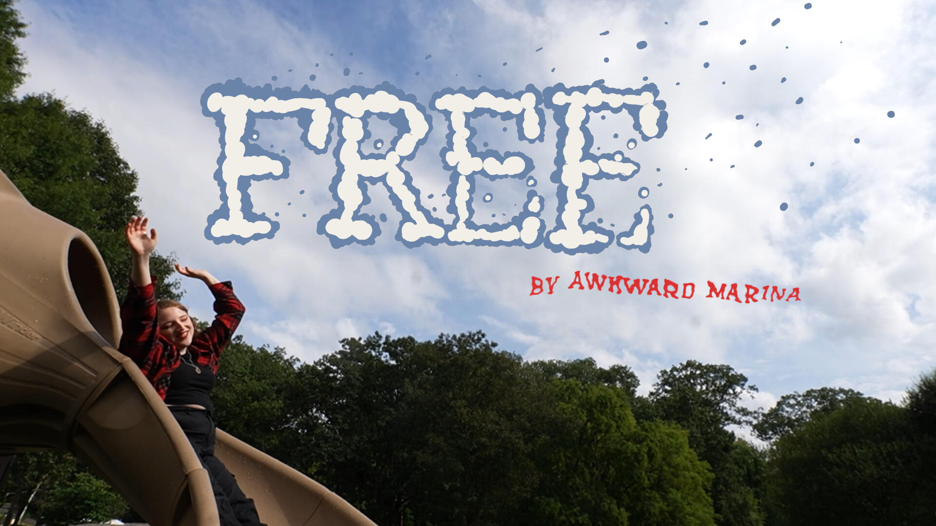 Awkward Marina joyously riding a slide at a playground. Text written in cloud lettering "FREE: by Awkward Marina"